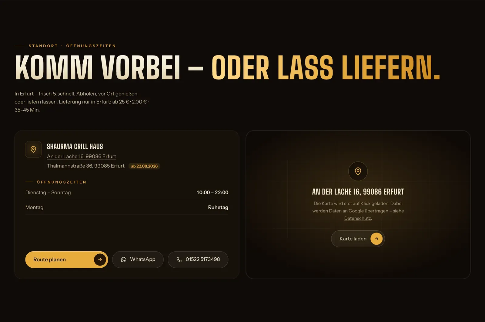 The location section: address, opening hours and a map placeholder waiting for a click.