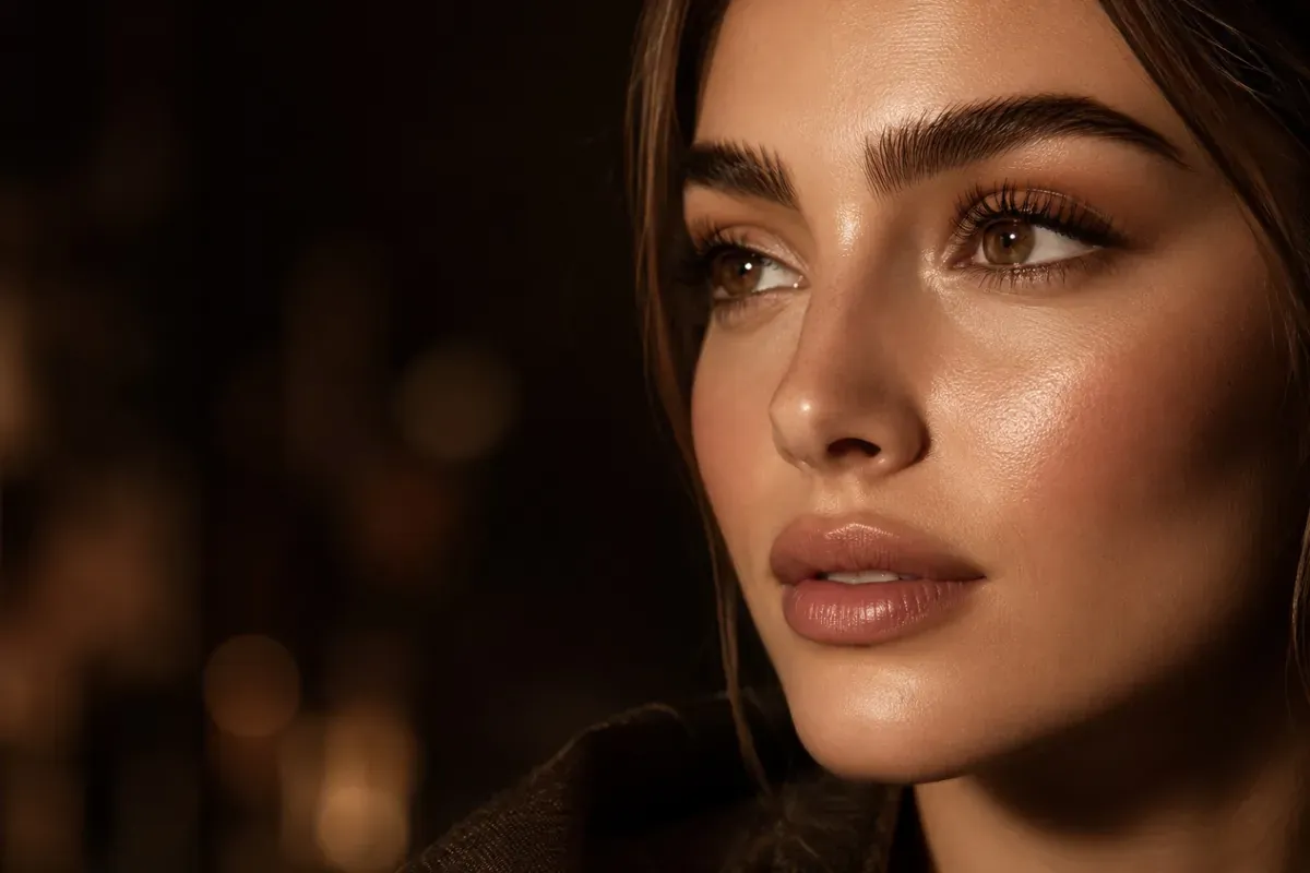 A close, warm-lit beauty photograph carrying the same champagne-gold and dusty-blush tones as the hero, used for the Beauty & Brows signature band.