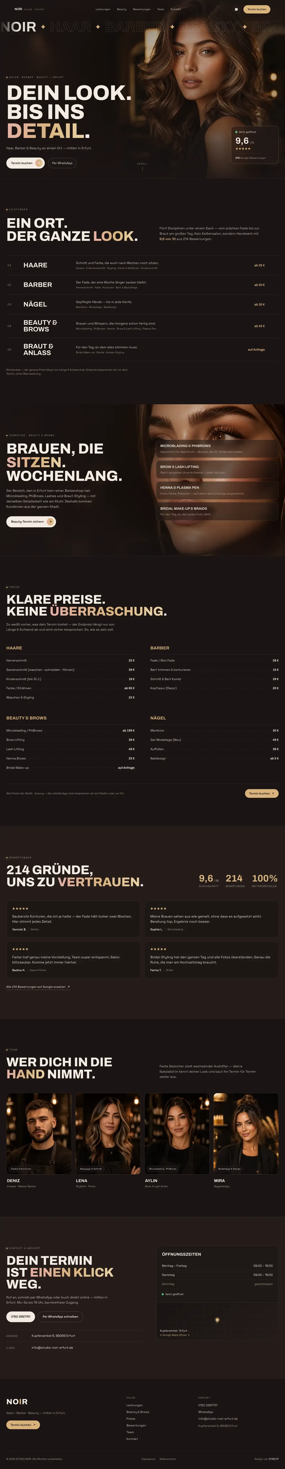 The whole Studio Noir homepage as one continuous scroll, from the dark espresso-coal hero through Leistungen, the Beauty & Brows signature band, Preise, to Bewertungen.