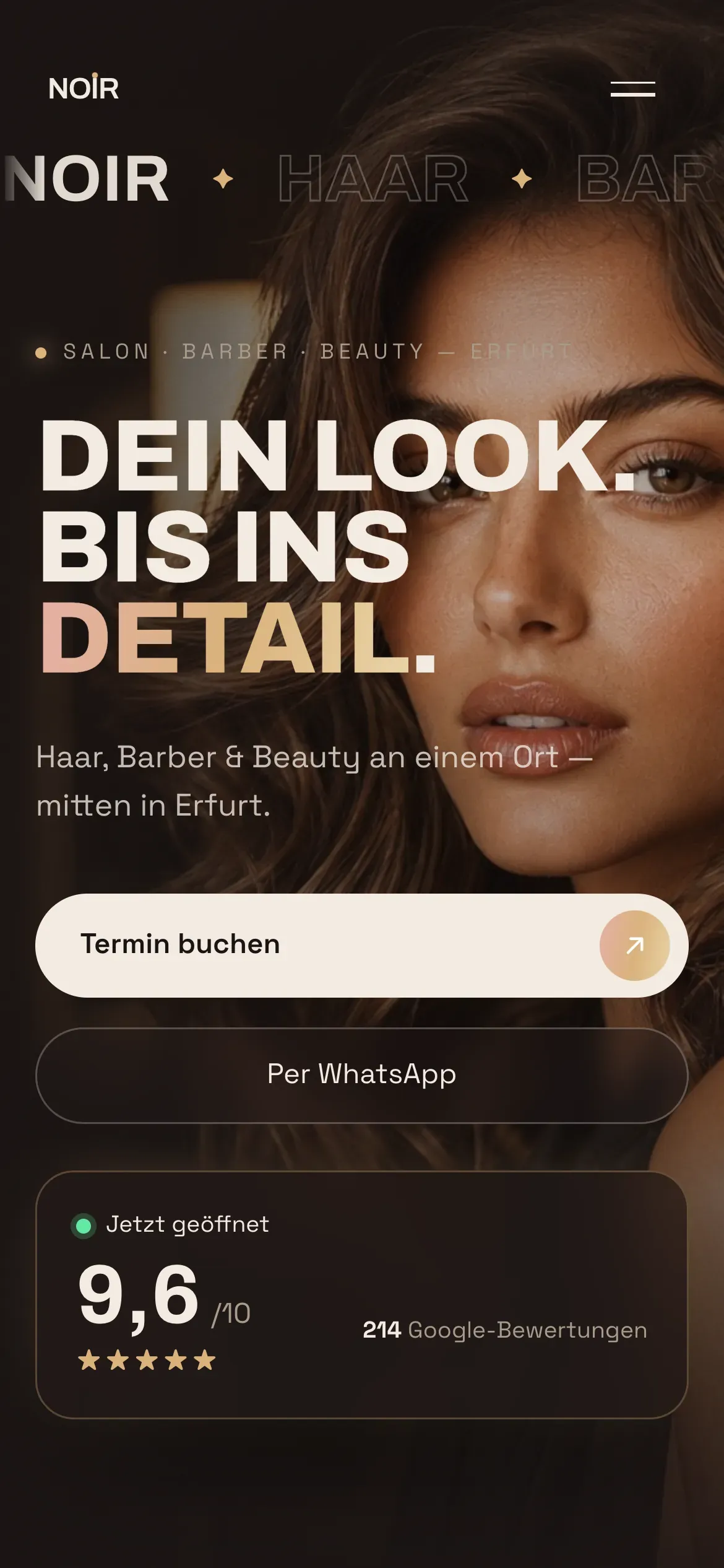 The Studio Noir homepage on a phone: the wordmark and headline over a warm-lit photograph, with the rating HUD and booking button stacked below in the first view.