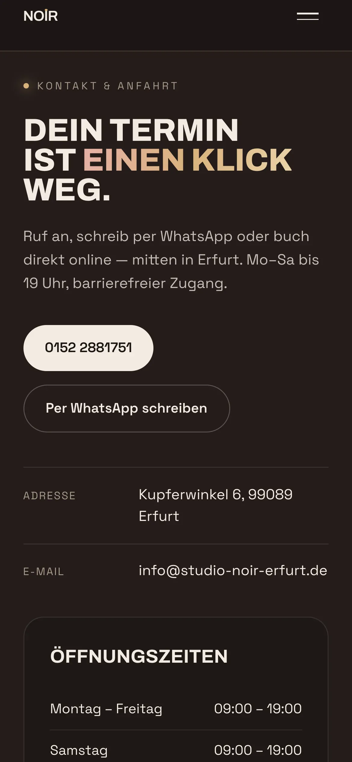 The Studio Noir Kontakt section on a phone: call and WhatsApp buttons above an address block and opening-hours list.