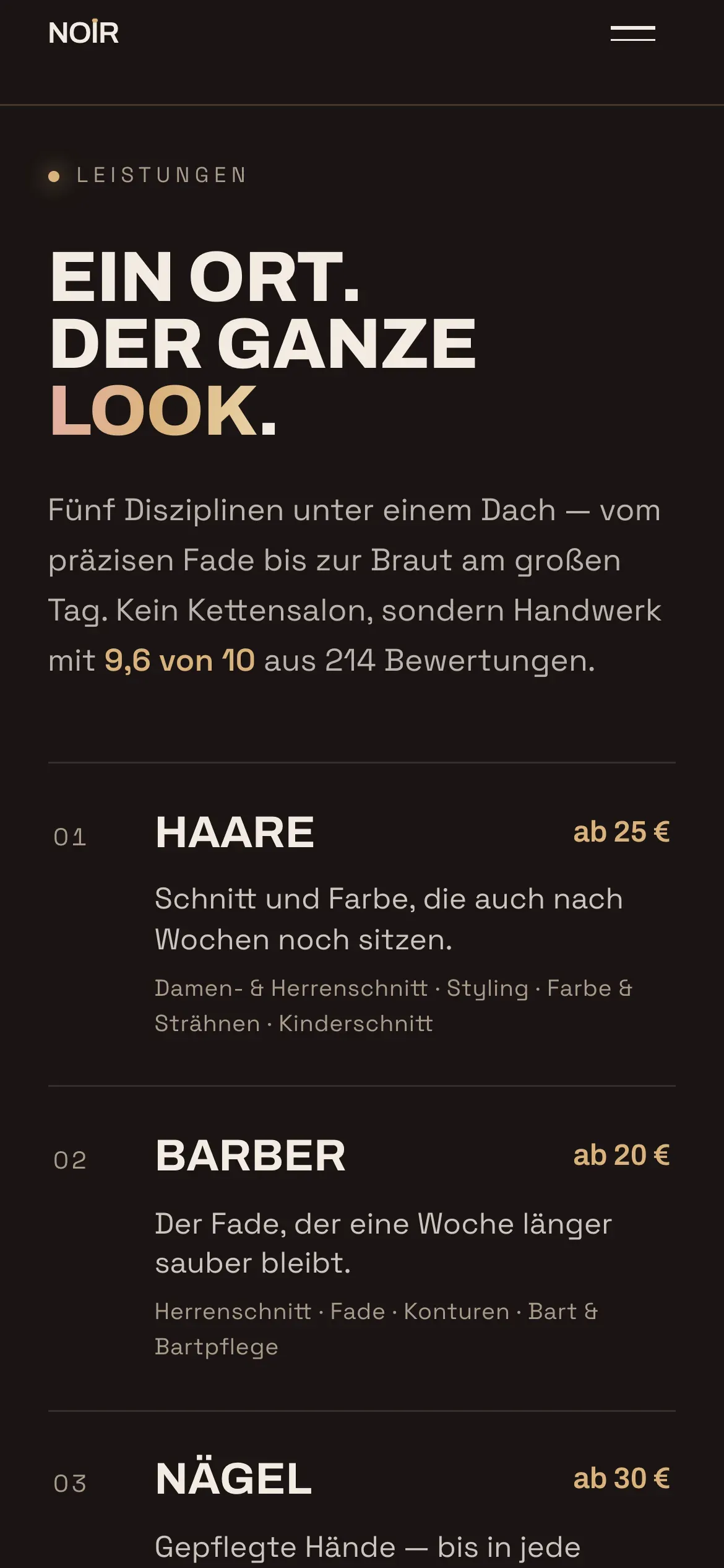 The Studio Noir Leistungen section on a phone: five numbered service rows stacked full-width, each with its benefit line and price.