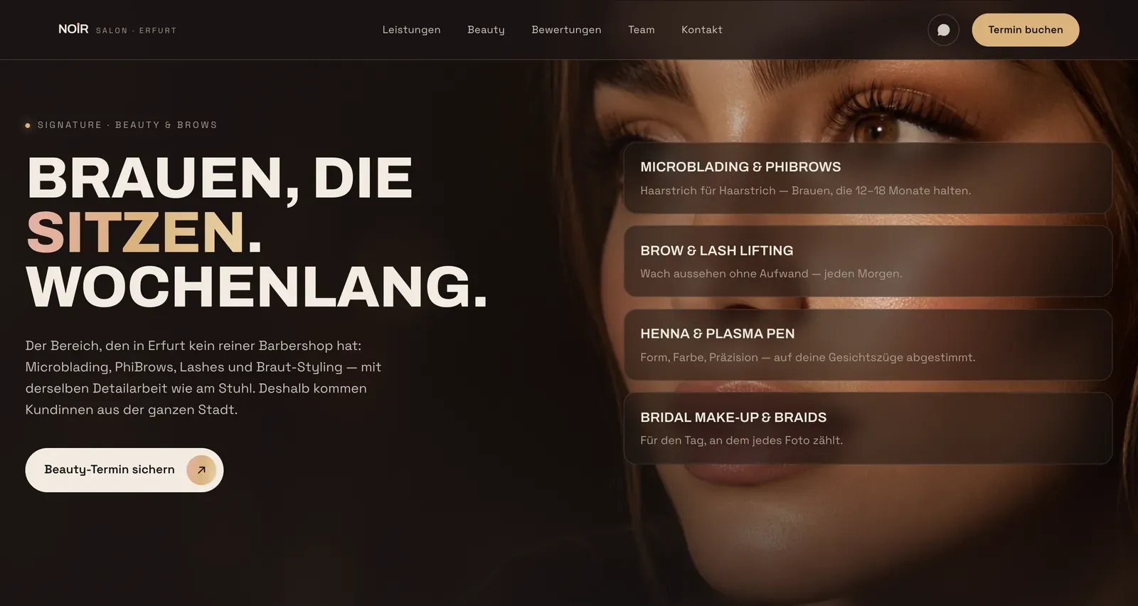 The Studio Noir Beauty & Brows signature band: a full-bleed warm-lit photograph beside a list of beauty services.