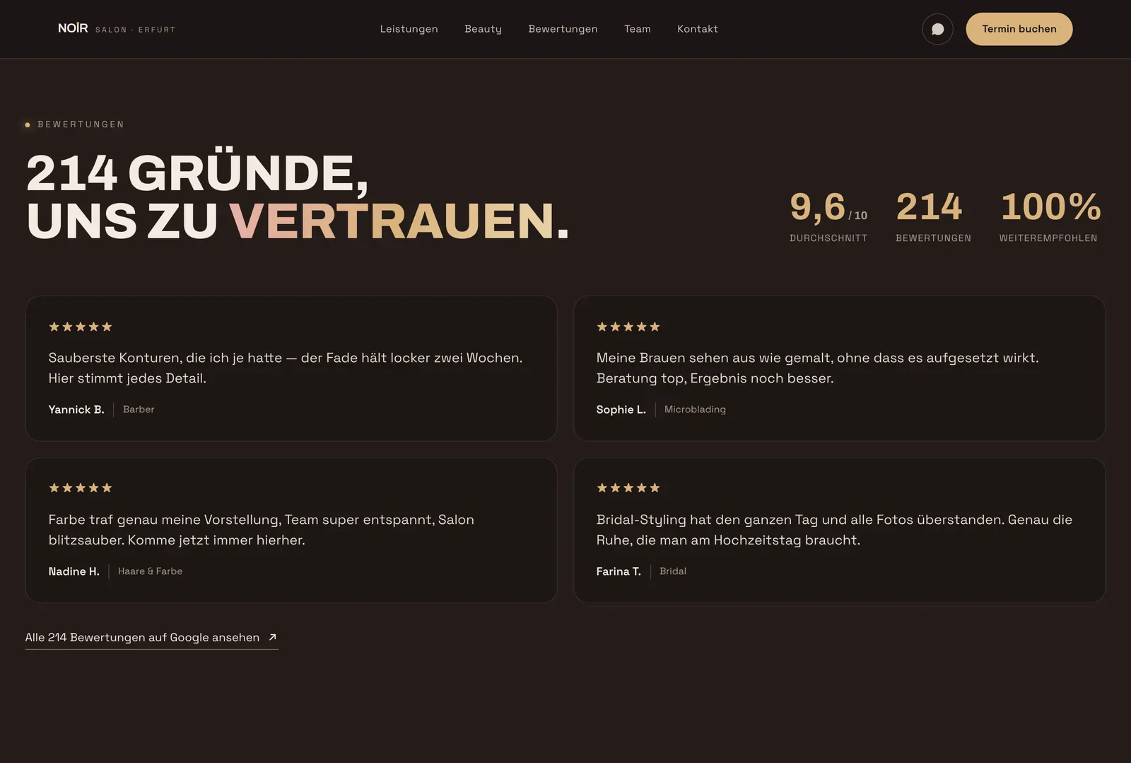 The Studio Noir Bewertungen section: an aggregate rating figure beside four client review quotes spanning barbering, colour and beauty.