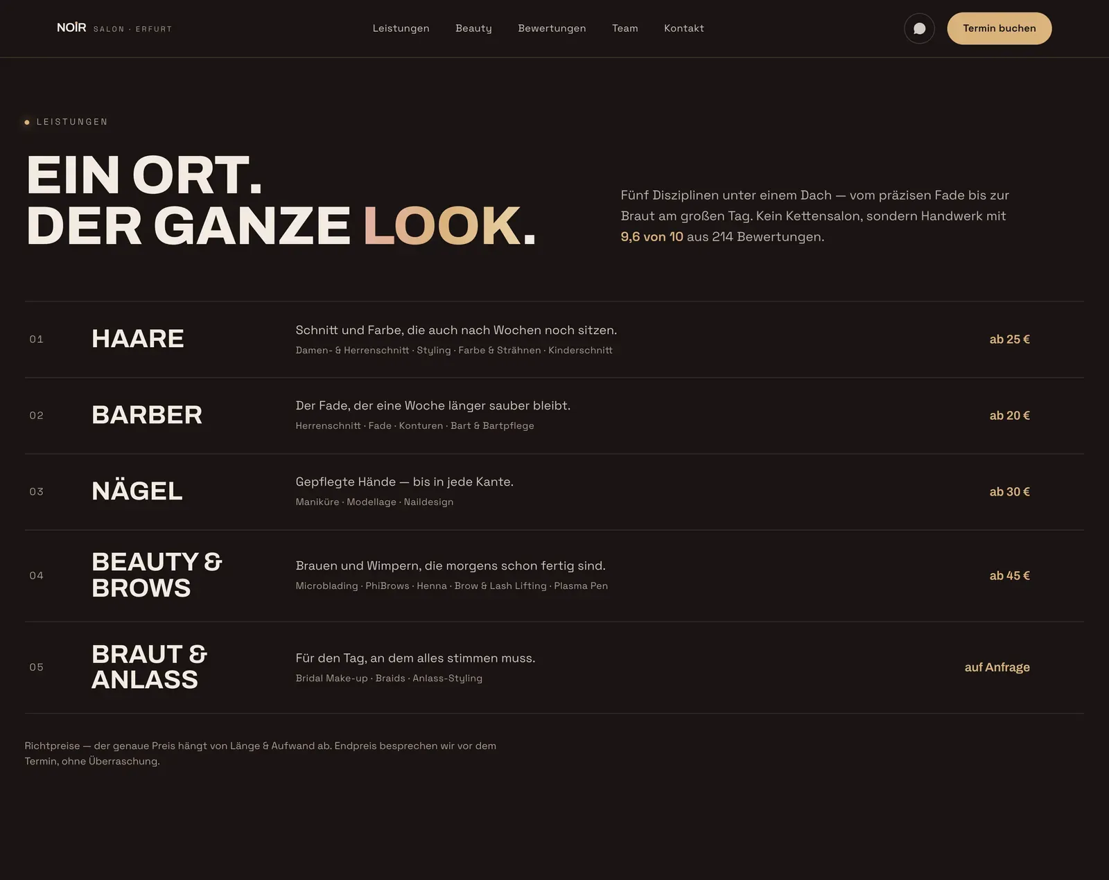 The Studio Noir Leistungen section: five numbered rows of services, each with a short benefit line and a starting price.