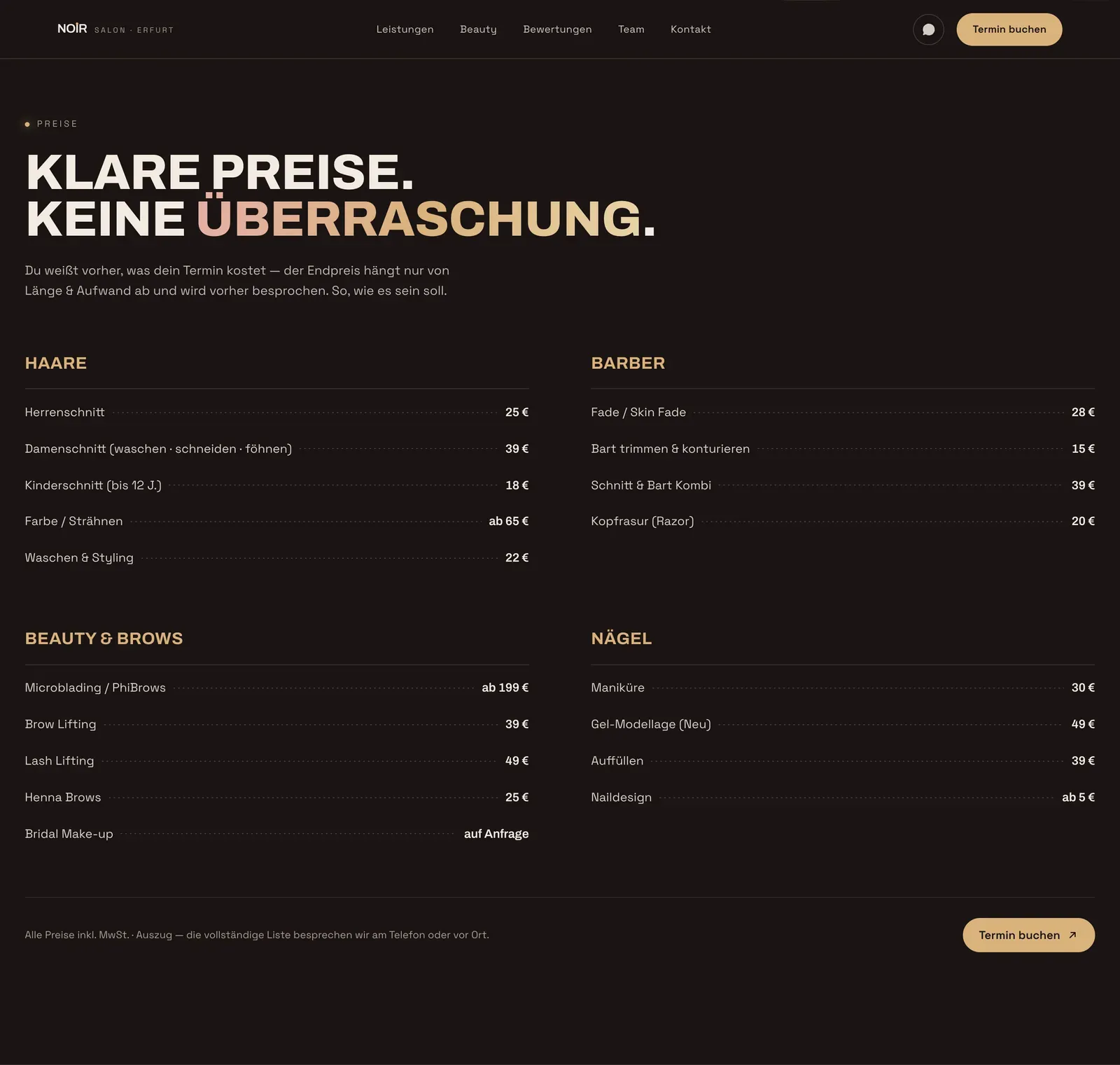 The Studio Noir Preise section: a transparent price list grouped by Haare, Barber, Beauty & Brows and Nägel.